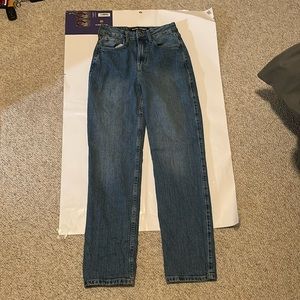 blue straight leg jeans high rise